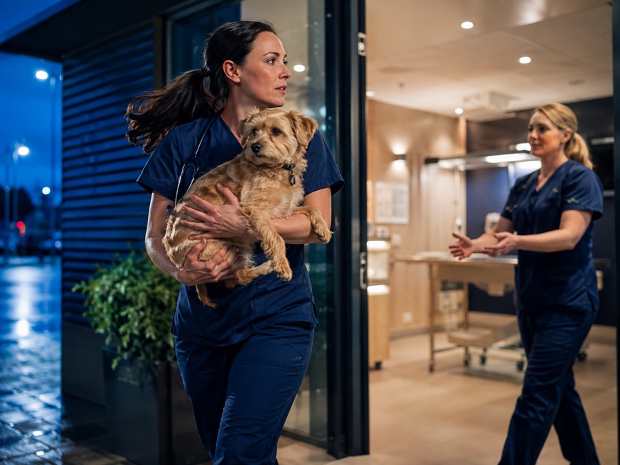 Equipo veterinario atendiendo a un perro
