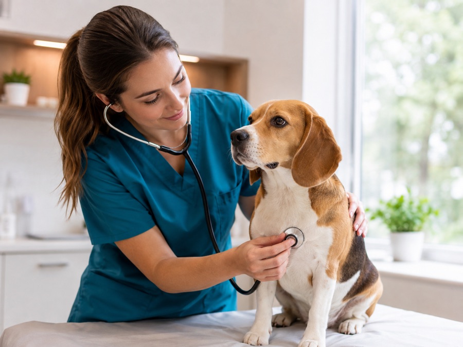 Veterinaria realizando una evaluación clínica a un perro