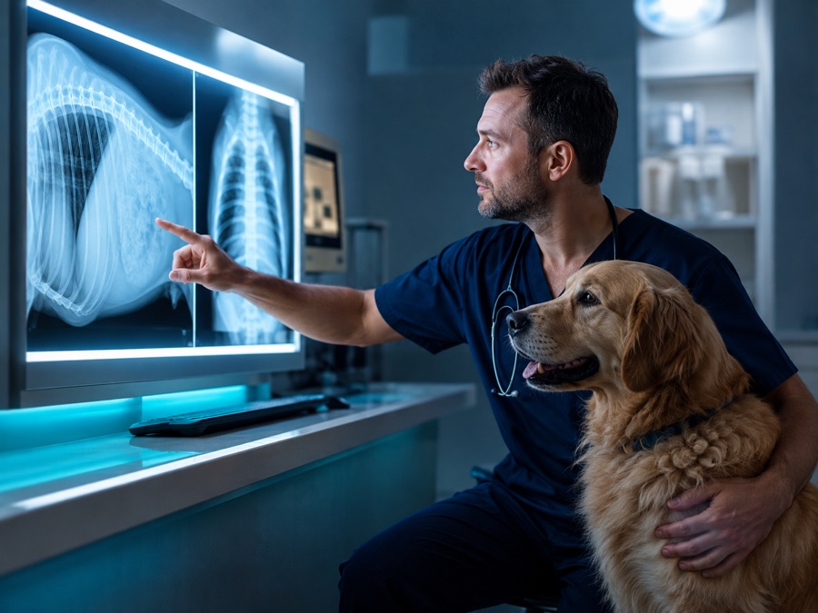 Veterinario revisando una radiografía de un paciente