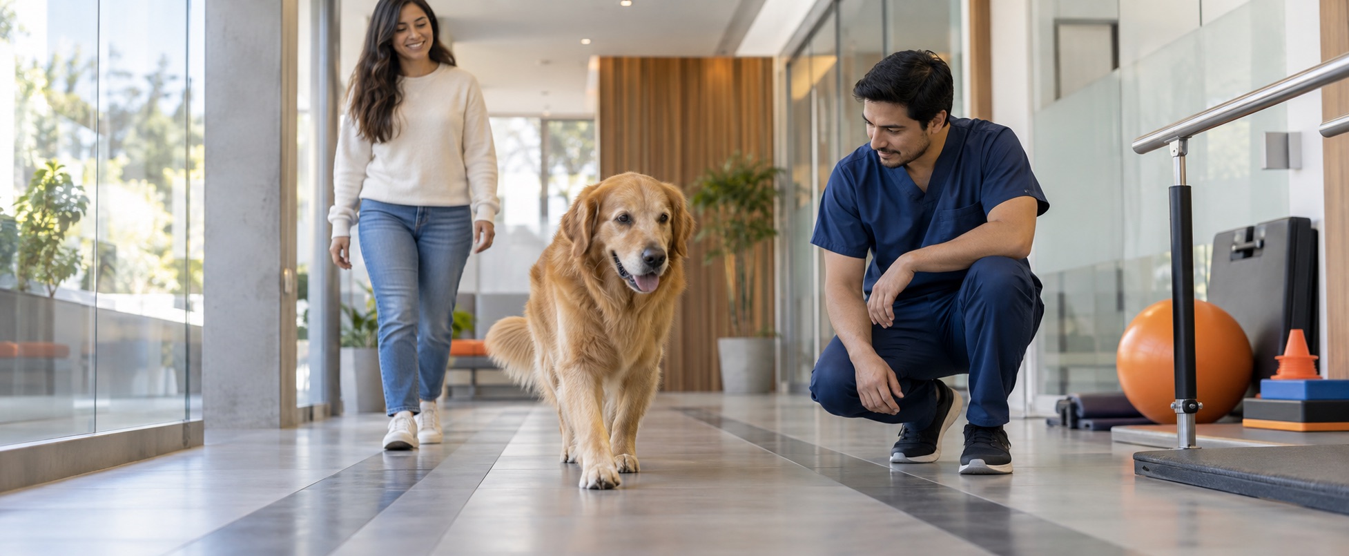 Especialista veterinario observando la movilidad de un perro durante su evaluación